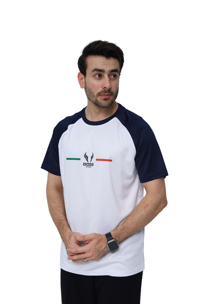 Boss Raglan Track Suit – White/Navy/Black