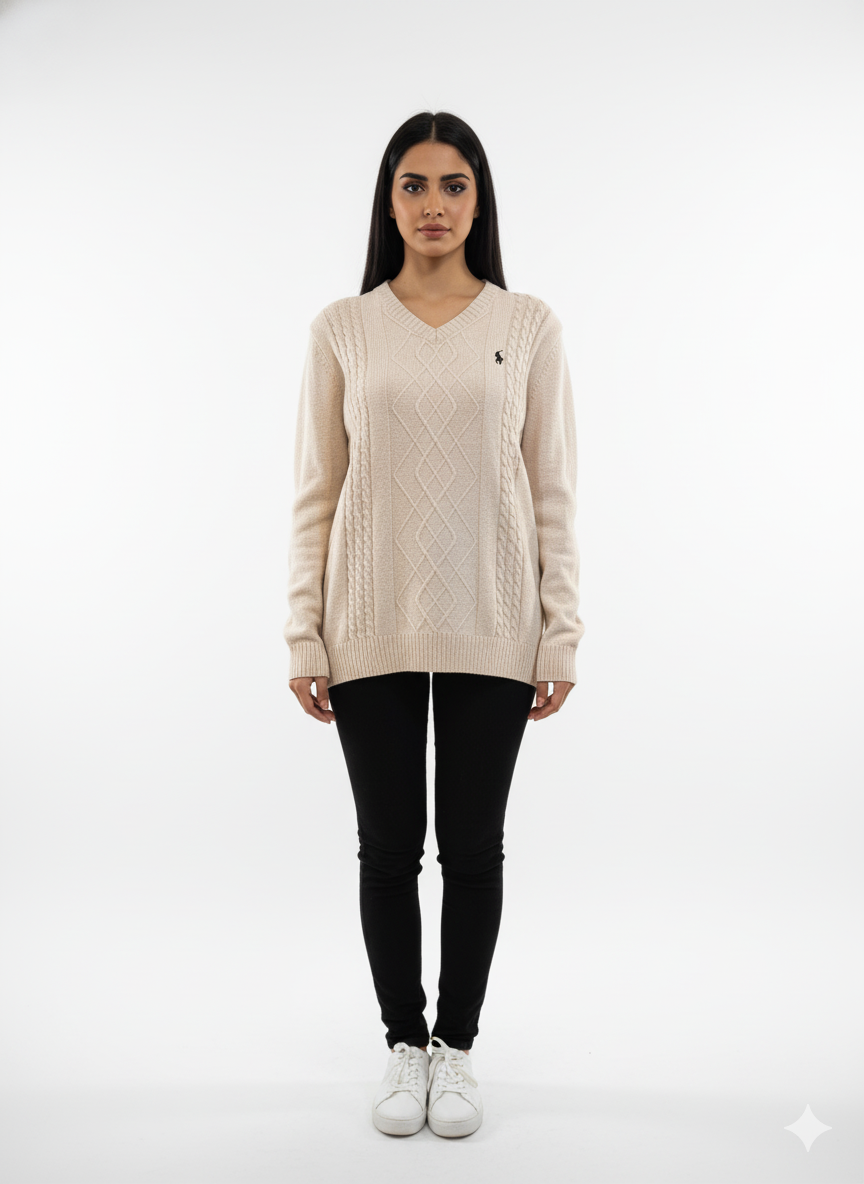 Polo Knitted Cashmere Imported V Neck - Cream