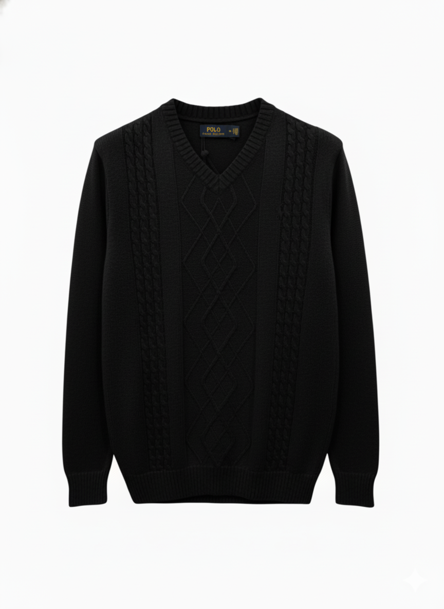 Polo Knitted Cashmere Imported V Neck - Black