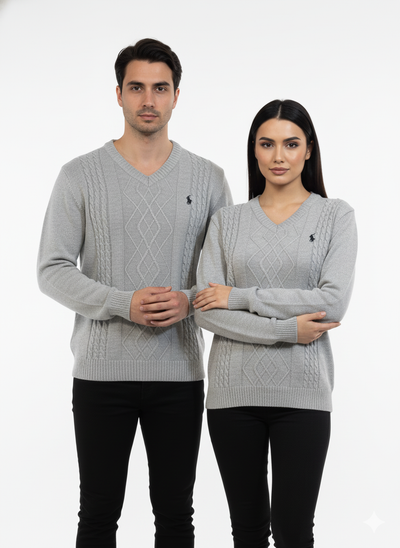Polo Knitted Cashmere Imported V Neck - Light Gray
