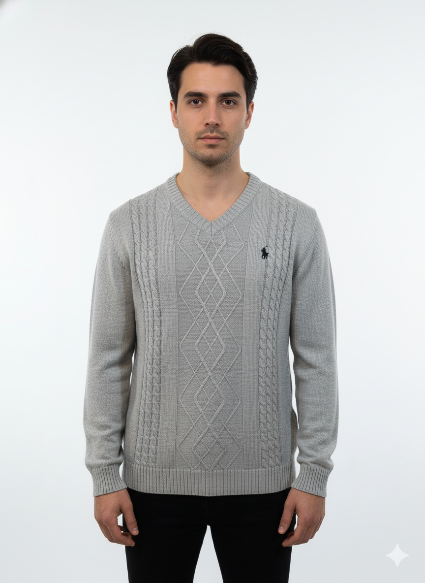 Polo Knitted Cashmere Imported V Neck - Light Gray