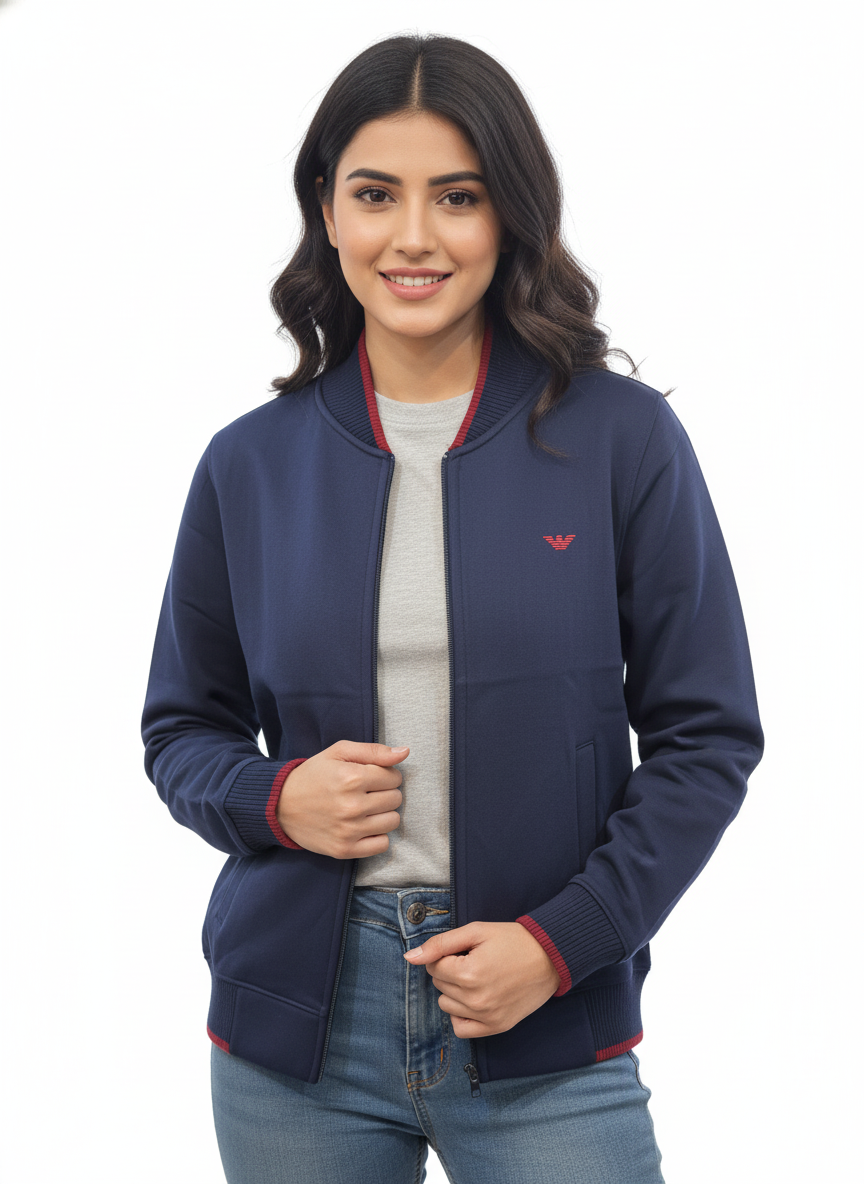 Armani Cotton Fleece Bomber Jacket - Navy Blue