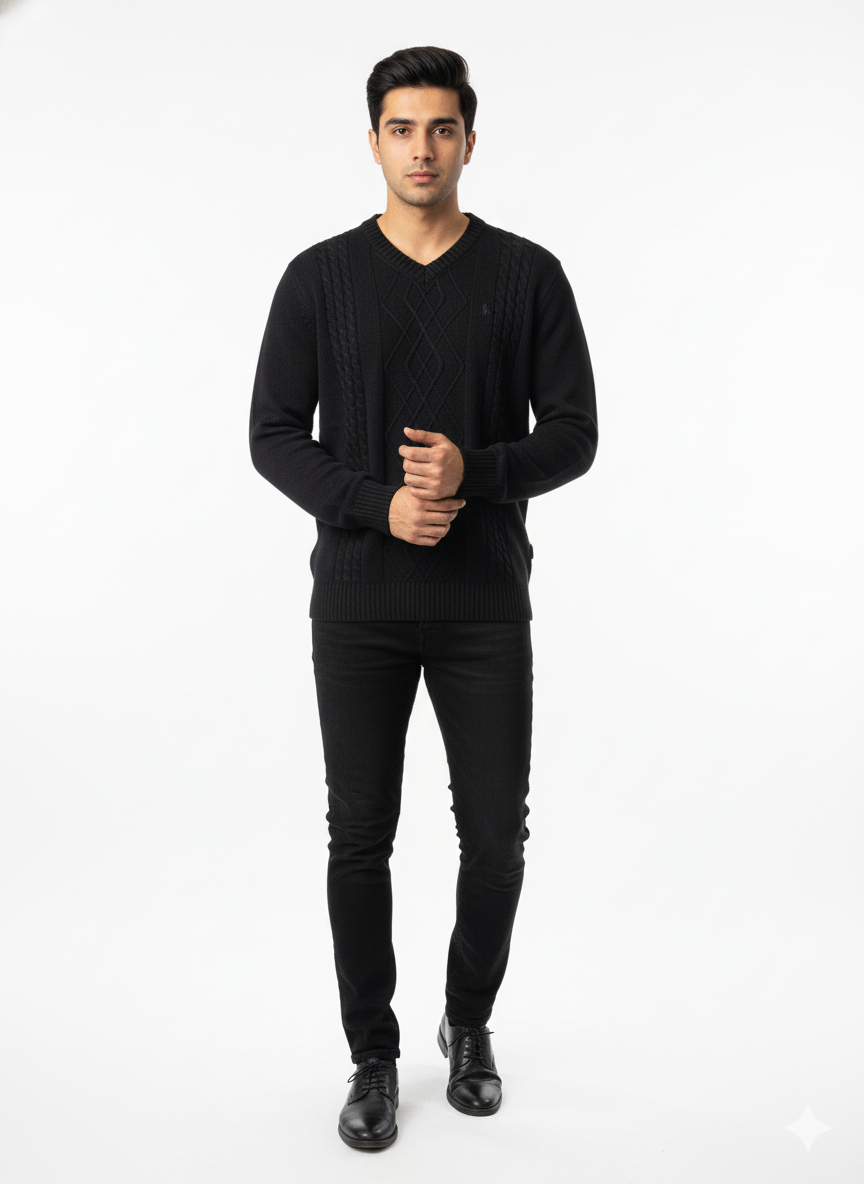 Polo Knitted Cashmere Imported V Neck - Black