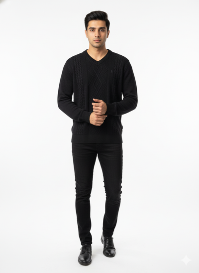 Polo Knitted Cashmere Imported V Neck - Black