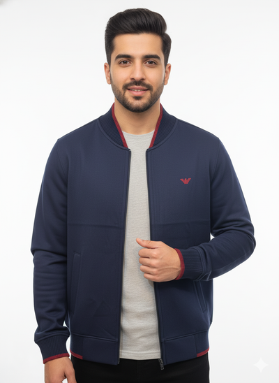 Armani Cotton Fleece Bomber Jacket - Navy Blue