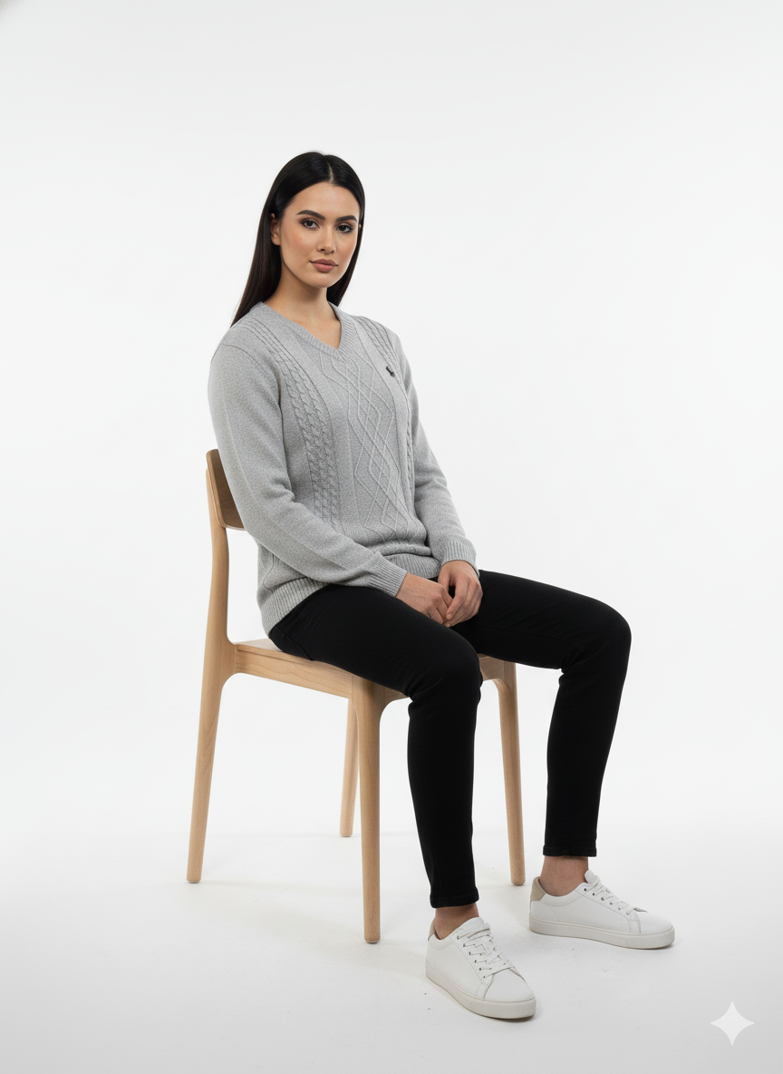 Polo Knitted Cashmere Imported V Neck - Light Gray