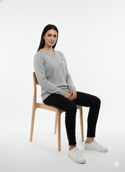 Polo Knitted Cashmere Imported V Neck - Light Gray