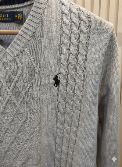 Polo Knitted Cashmere Imported V Neck - Light Gray