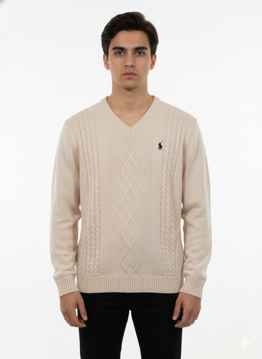 Polo Knitted Cashmere Imported V Neck - Cream
