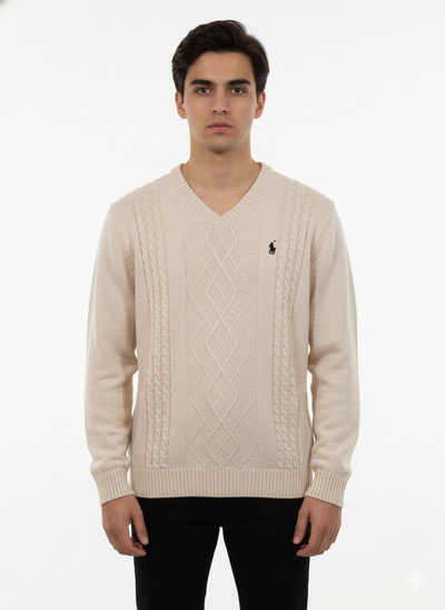 Polo Knitted Cashmere Imported V Neck - Cream
