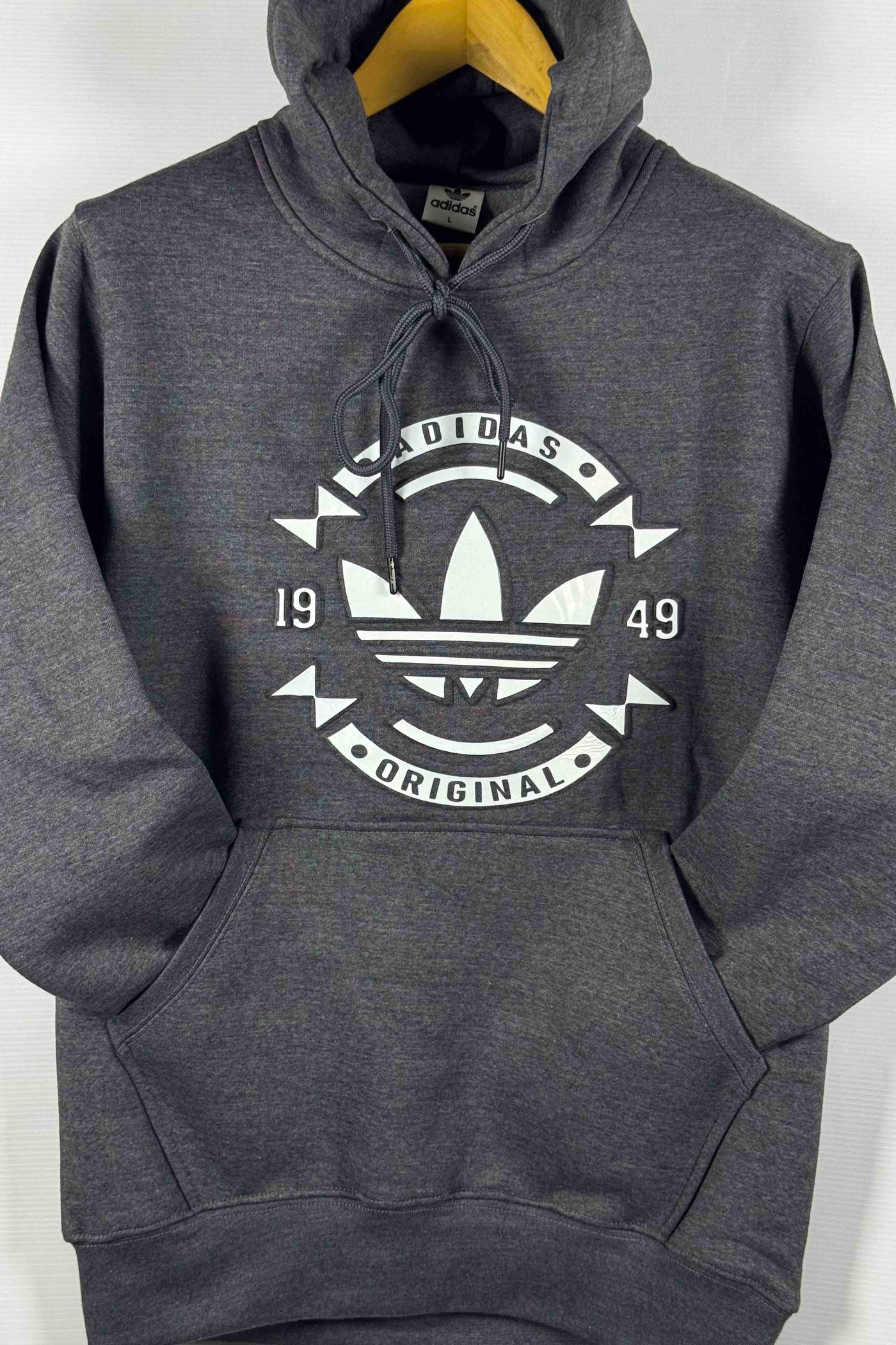 Adidas Pullover Hoodie - Cotton Fleece with Puff Print - Dar Gray
