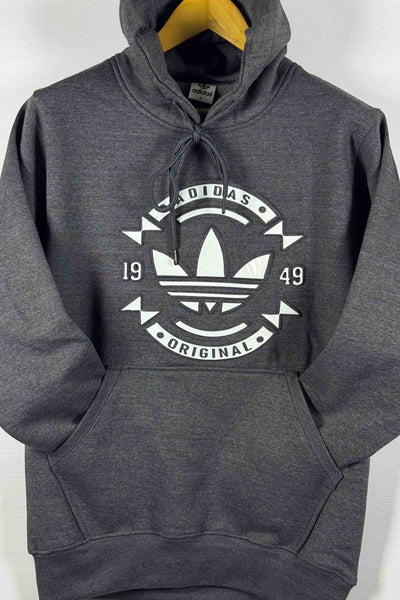 Adidas Pullover Hoodie - Cotton Fleece with Puff Print - Dar Gray